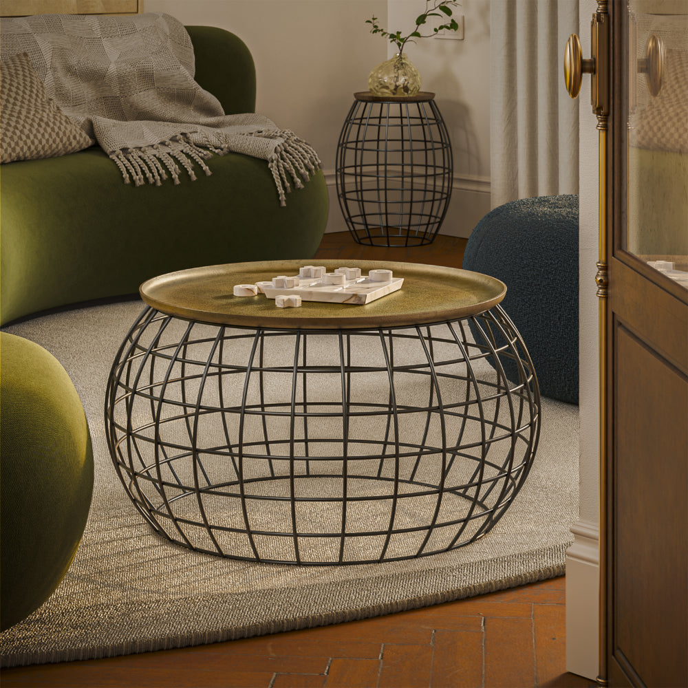 Milo 2-Piece Coffee Table and End Table Set - Round Antique Brass Tray Top with Curved Cage Design Black Iron Base