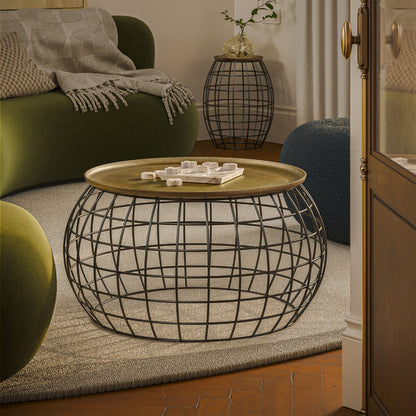 Milo 2-Piece Coffee Table and End Table Set - Round Antique Brass Tray Top with Curved Cage Design Black Iron Base