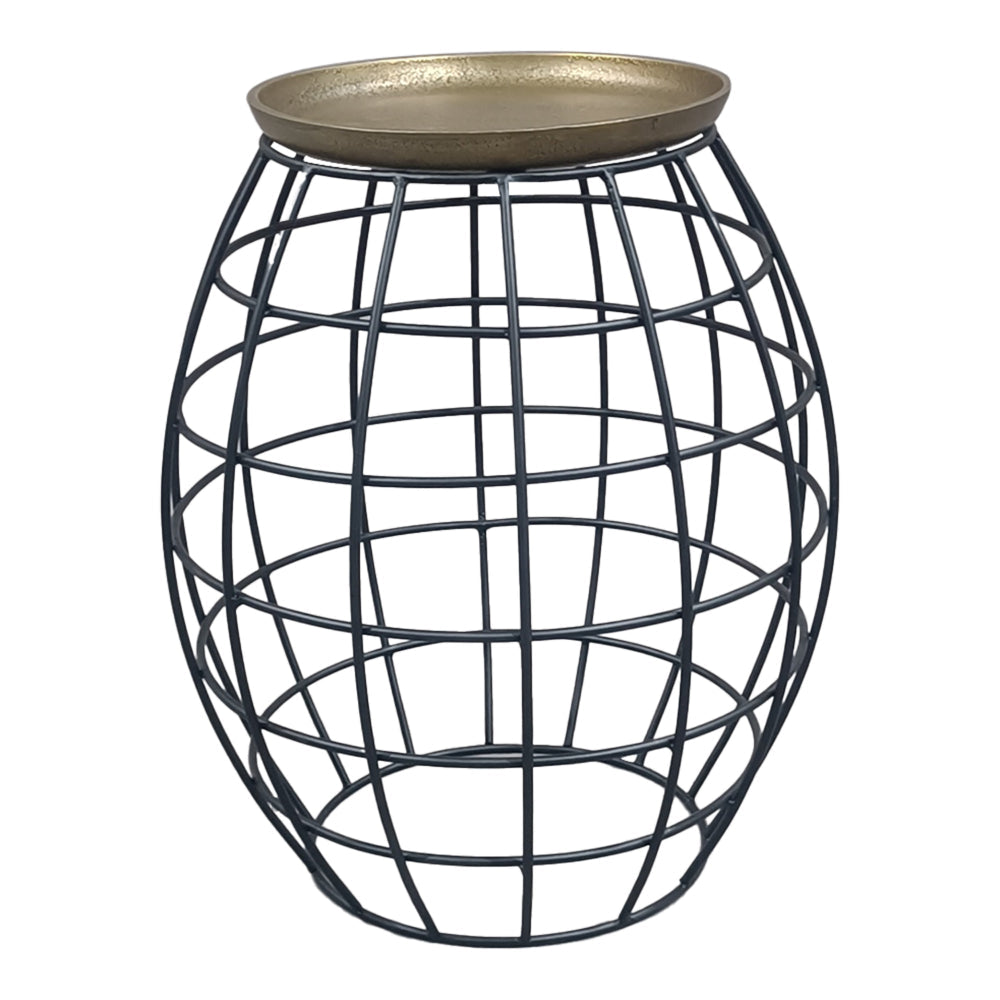 Milo 2-Piece Coffee Table and End Table Set - Round Antique Brass Tray Top with Curved Cage Design Black Iron Base