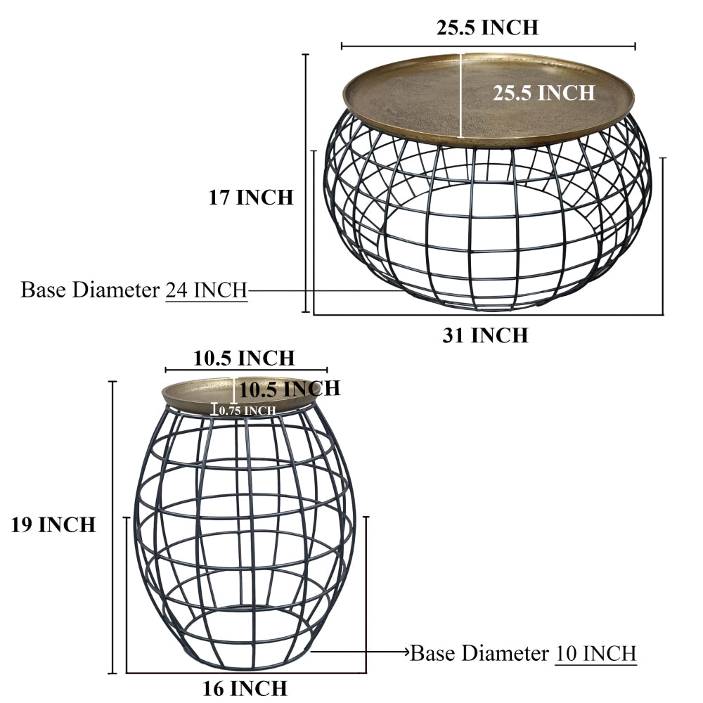 Milo 2-Piece Coffee Table and End Table Set - Round Antique Brass Tray Top with Curved Cage Design Black Iron Base