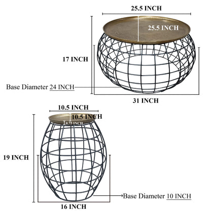 Milo 2-Piece Coffee Table and End Table Set - Round Antique Brass Tray Top with Curved Cage Design Black Iron Base