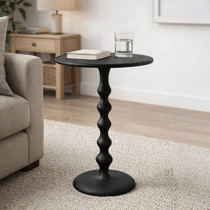 Shae 22 Inch Round Side End Table - Matte Black Aluminum Cast, Hammered Texture, Turned Pedestal Post
