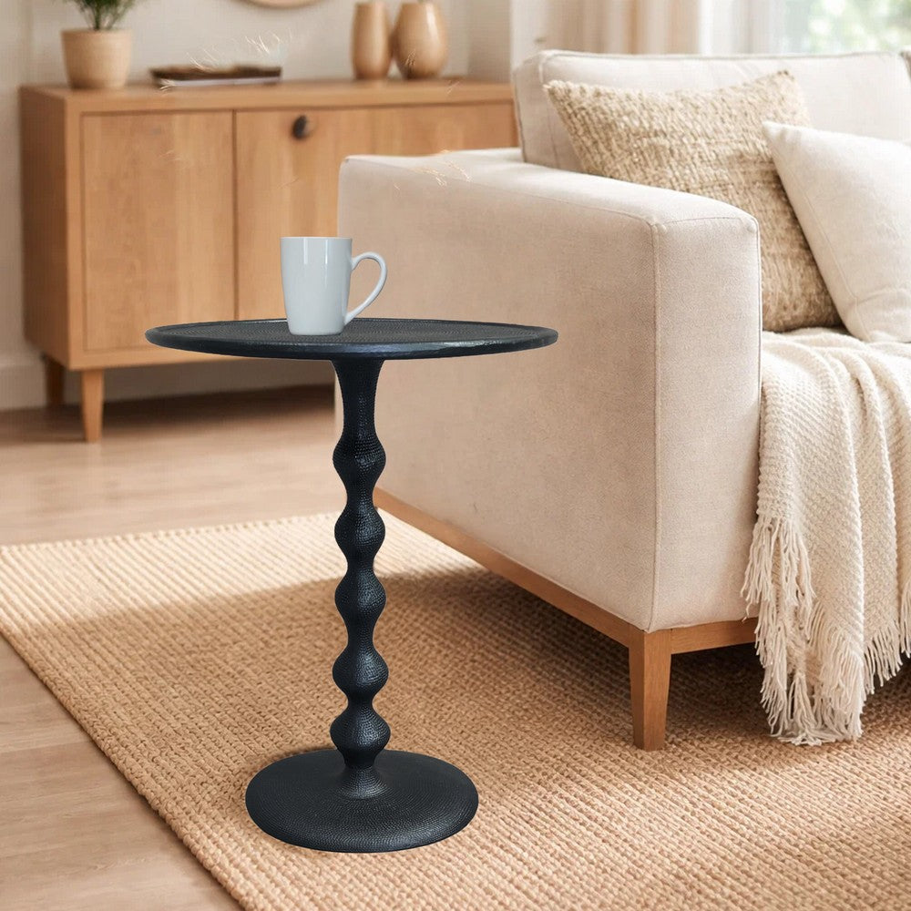 Shae 22 Inch Round Side End Table - Matte Black Aluminum Cast, Hammered Texture, Turned Pedestal Post
