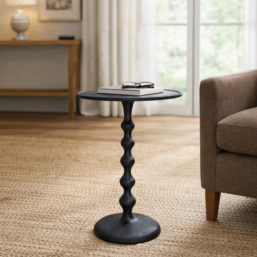 Shae 22 Inch Round Side End Table - Matte Black Aluminum Cast, Hammered Texture, Turned Pedestal Post