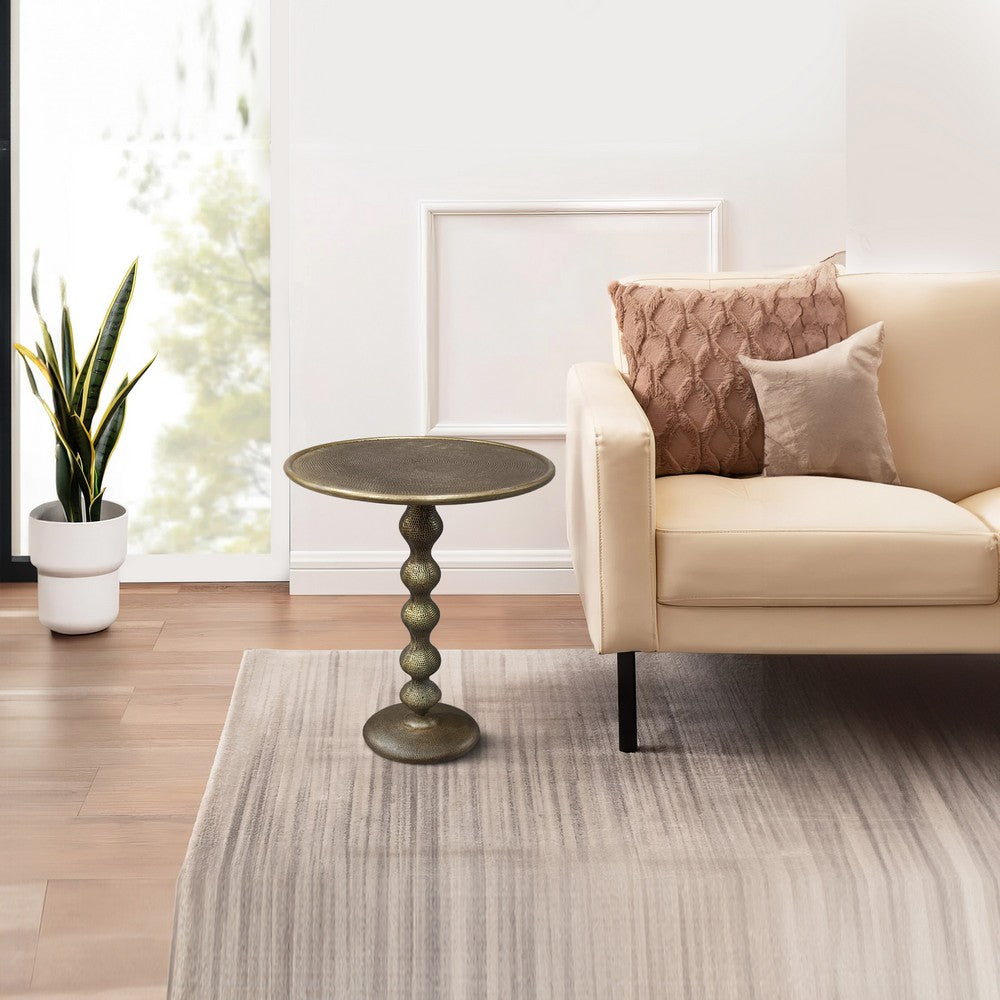 Shae 22 Inch Round Side End Table - Antique Brass Cast Aluminum with Hammered Texture For Small Places