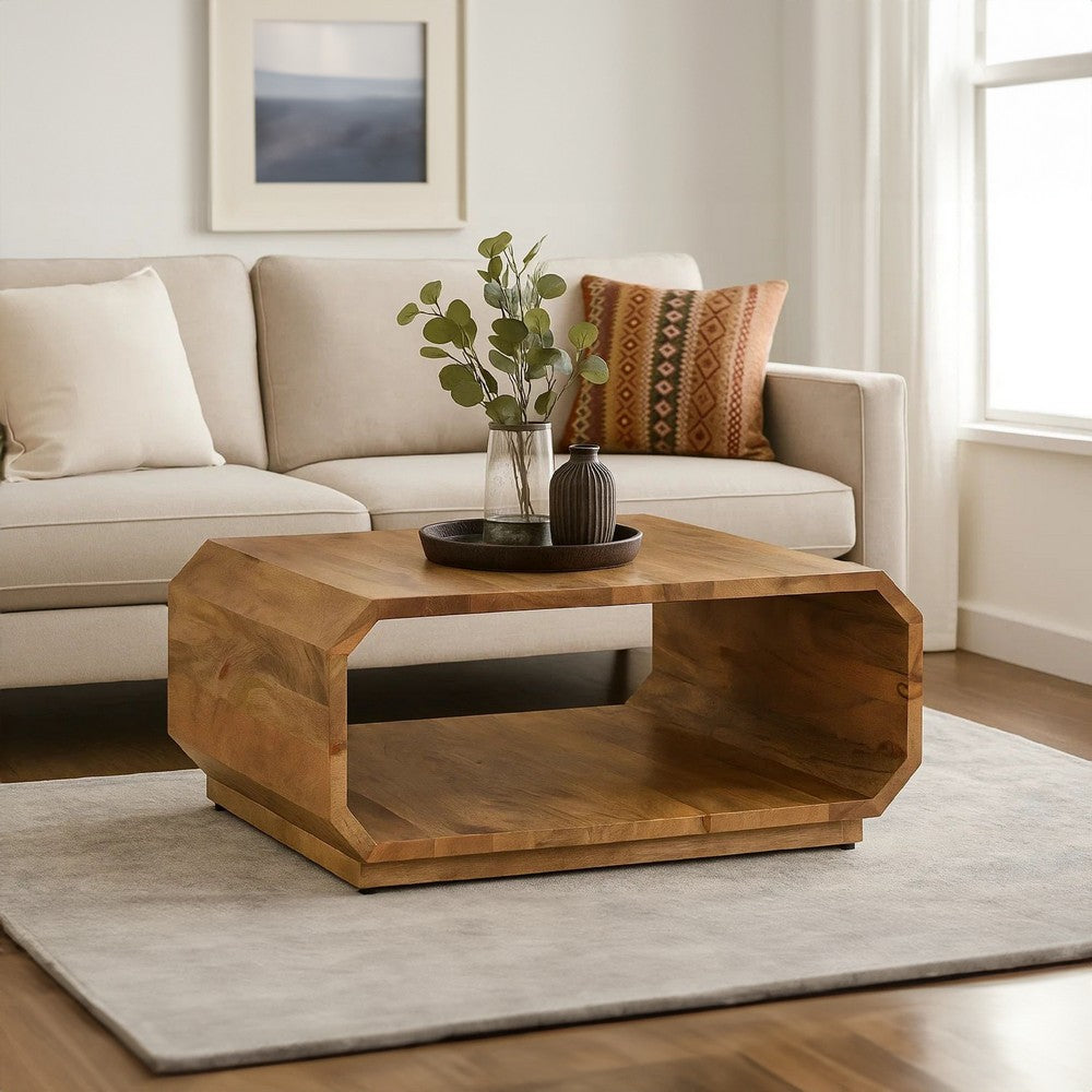 30 Inch Coffee Table, Handcrafted Hollow Cube Shape, Natural Brown Mango Wood