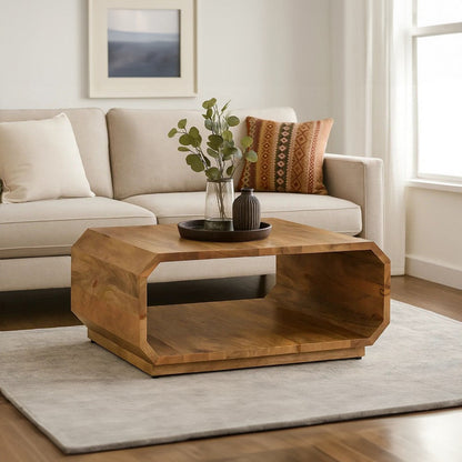 30 Inch Coffee Table, Handcrafted Hollow Cube Shape, Natural Brown Mango Wood