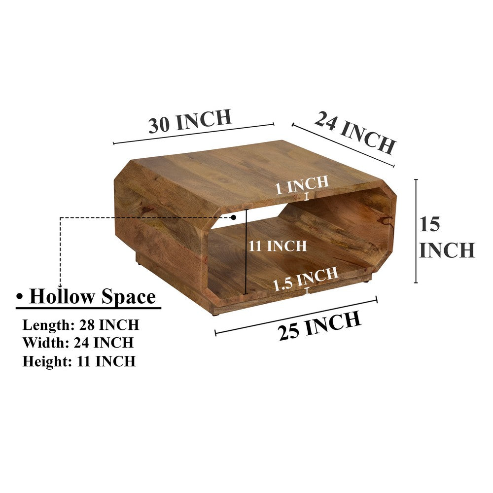 30 Inch Coffee Table, Handcrafted Hollow Cube Shape, Natural Brown Mango Wood