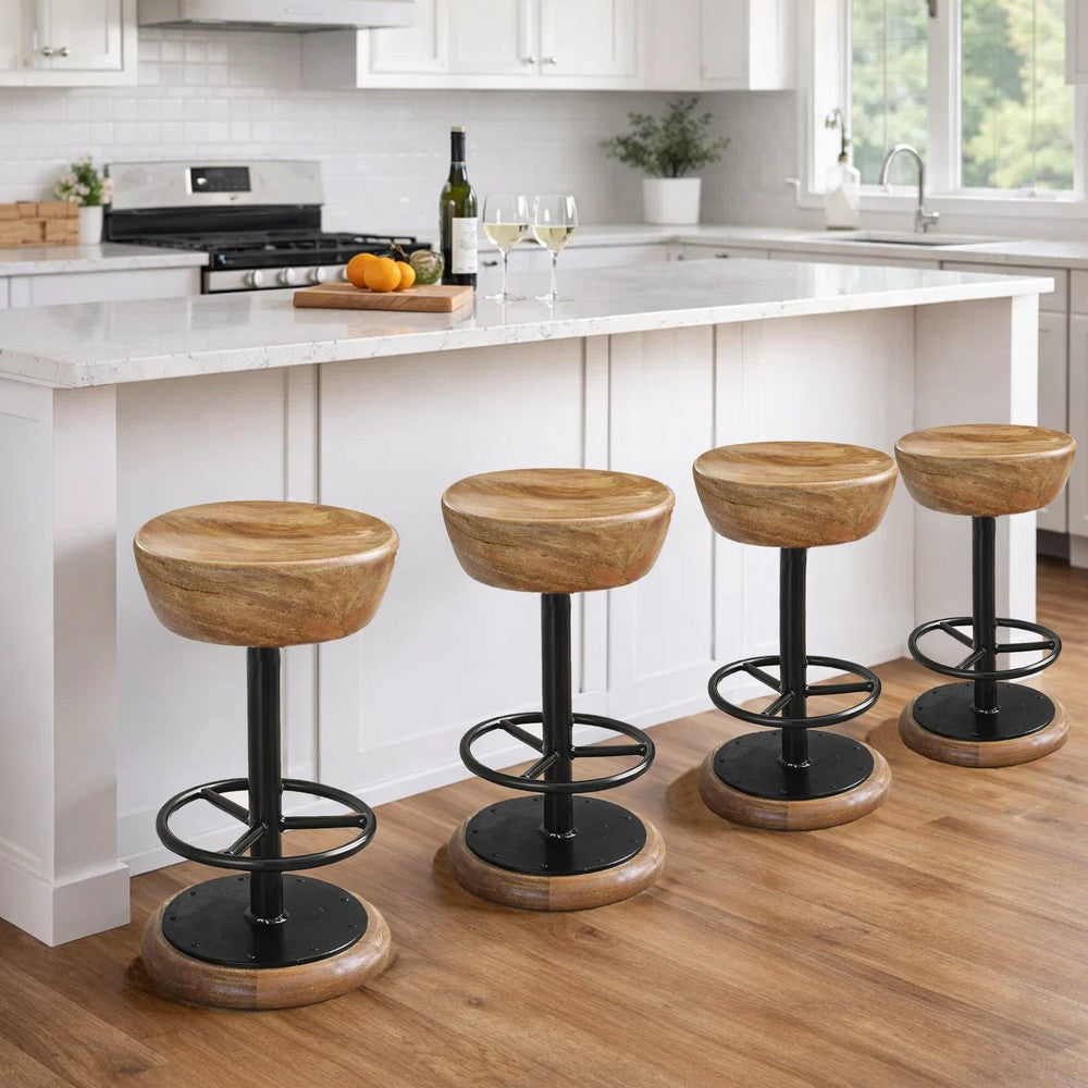 Rustic Charm Swivel Counter Bar Stool 24 Inch Handcrafted, Brown Mango Wood Round Seat, Black Iron Base with Footrest