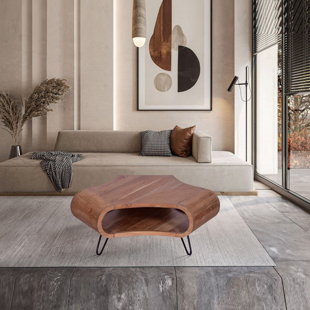 37 Inch Coffee Table, Handcrafted Curved Hexagon Shape with Open Shelf, Natural Brown Acacia Wood, Iron Legs
