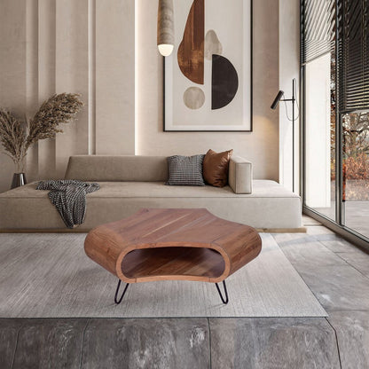 37 Inch Coffee Table, Handcrafted Curved Hexagon Shape with Open Shelf, Natural Brown Acacia Wood, Iron Legs
