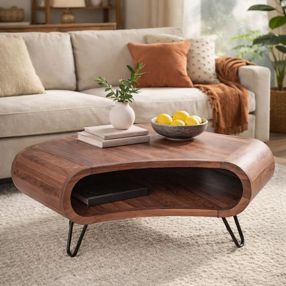 37 Inch Coffee Table, Handcrafted Curved Hexagon Shape with Open Shelf, Natural Brown Acacia Wood, Iron Legs
