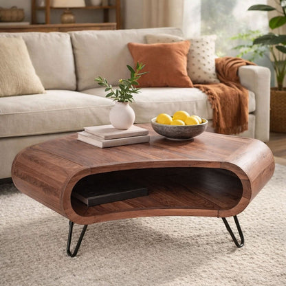 37 Inch Coffee Table, Handcrafted Curved Hexagon Shape with Open Shelf, Natural Brown Acacia Wood, Iron Legs
