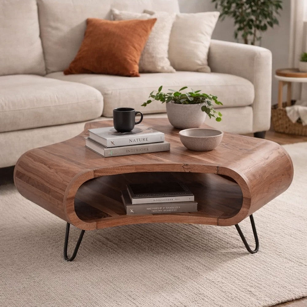 37 Inch Coffee Table, Handcrafted Curved Hexagon Shape with Open Shelf, Natural Brown Acacia Wood, Iron Legs