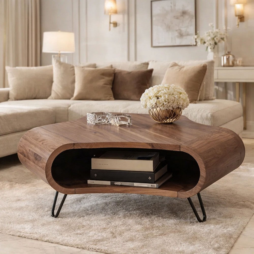 37 Inch Coffee Table, Handcrafted Curved Hexagon Shape with Open Shelf, Natural Brown Acacia Wood, Iron Legs