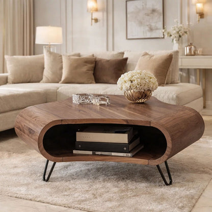 37 Inch Coffee Table, Handcrafted Curved Hexagon Shape with Open Shelf, Natural Brown Acacia Wood, Iron Legs
