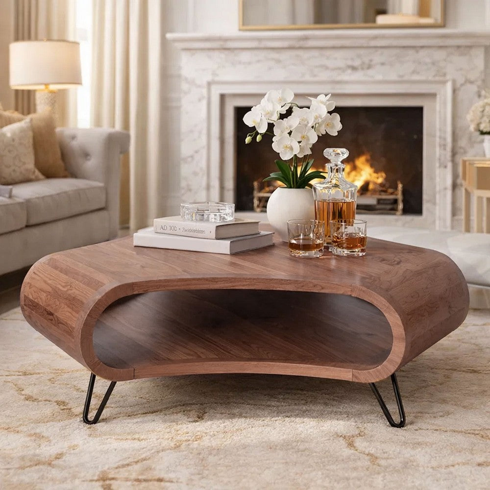 37 Inch Coffee Table, Handcrafted Curved Hexagon Shape with Open Shelf, Natural Brown Acacia Wood, Iron Legs