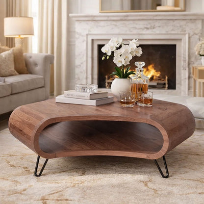 37 Inch Coffee Table, Handcrafted Curved Hexagon Shape with Open Shelf, Natural Brown Acacia Wood, Iron Legs