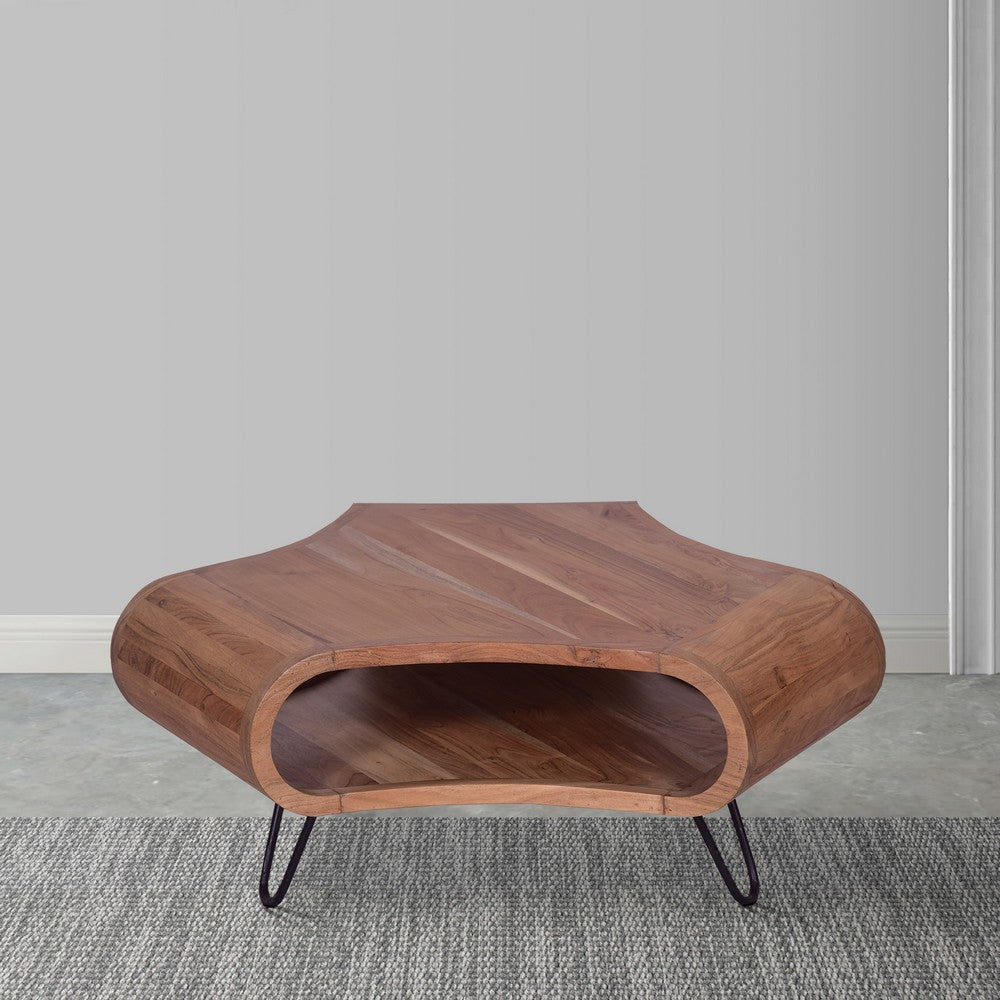 37 Inch Coffee Table, Handcrafted Curved Hexagon Shape with Open Shelf, Natural Brown Acacia Wood, Iron Legs