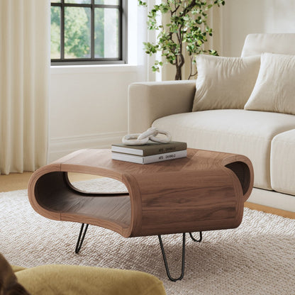 37 Inch Coffee Table, Handcrafted Curved Hexagon Shape with Open Shelf, Natural Brown Acacia Wood, Iron Legs