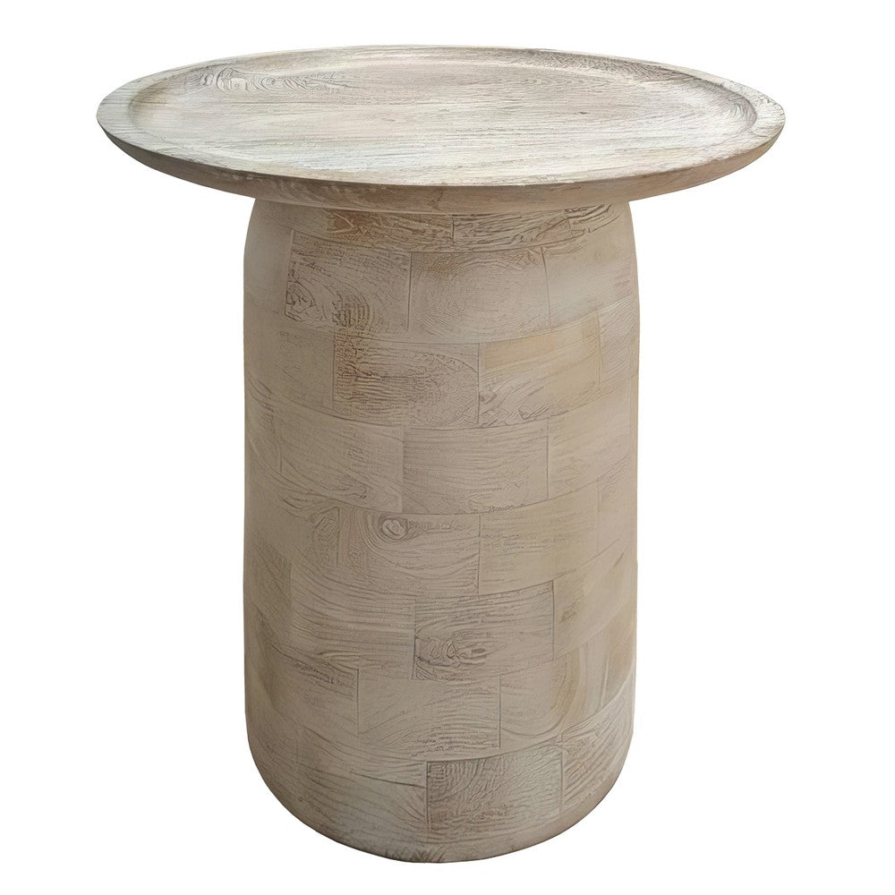 Oais Side End Table, Sandblasted Distressed White Mango Wood, 17 Inch Round Top