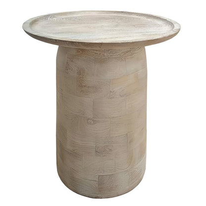 Oais Side End Table, Sandblasted Distressed White Mango Wood, 17 Inch Round Top