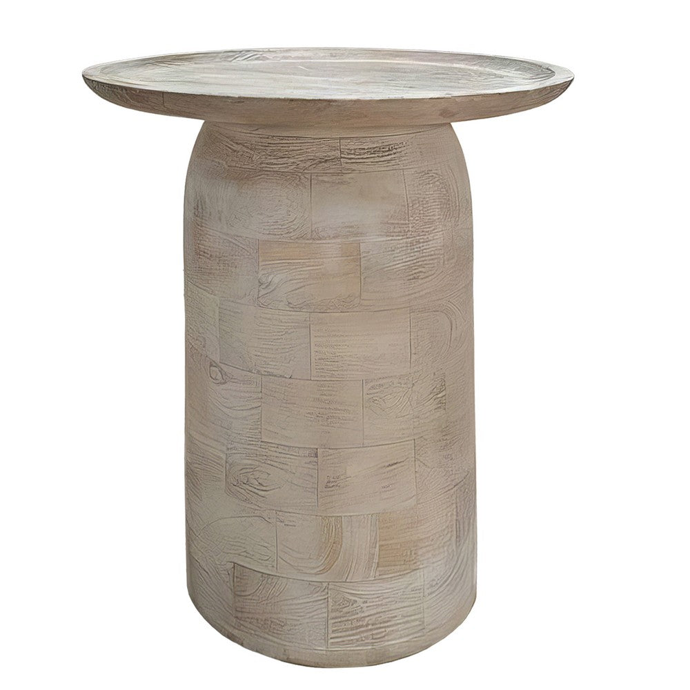 Oais Side End Table, Sandblasted Distressed White Mango Wood, 17 Inch Round Top