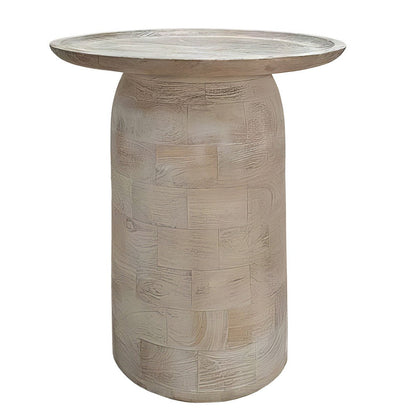 Oais Side End Table, Sandblasted Distressed White Mango Wood, 17 Inch Round Top