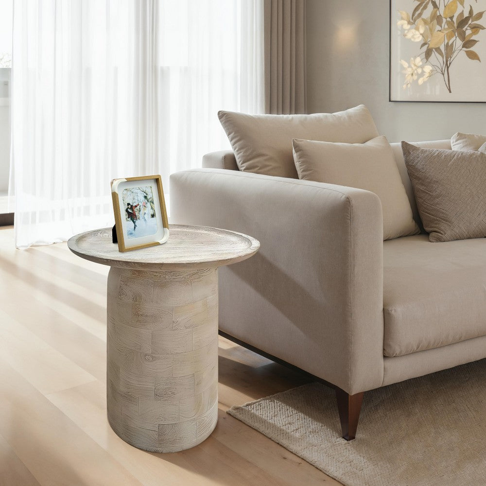 Oais Side End Table, Sandblasted Distressed White Mango Wood, 17 Inch Round Top