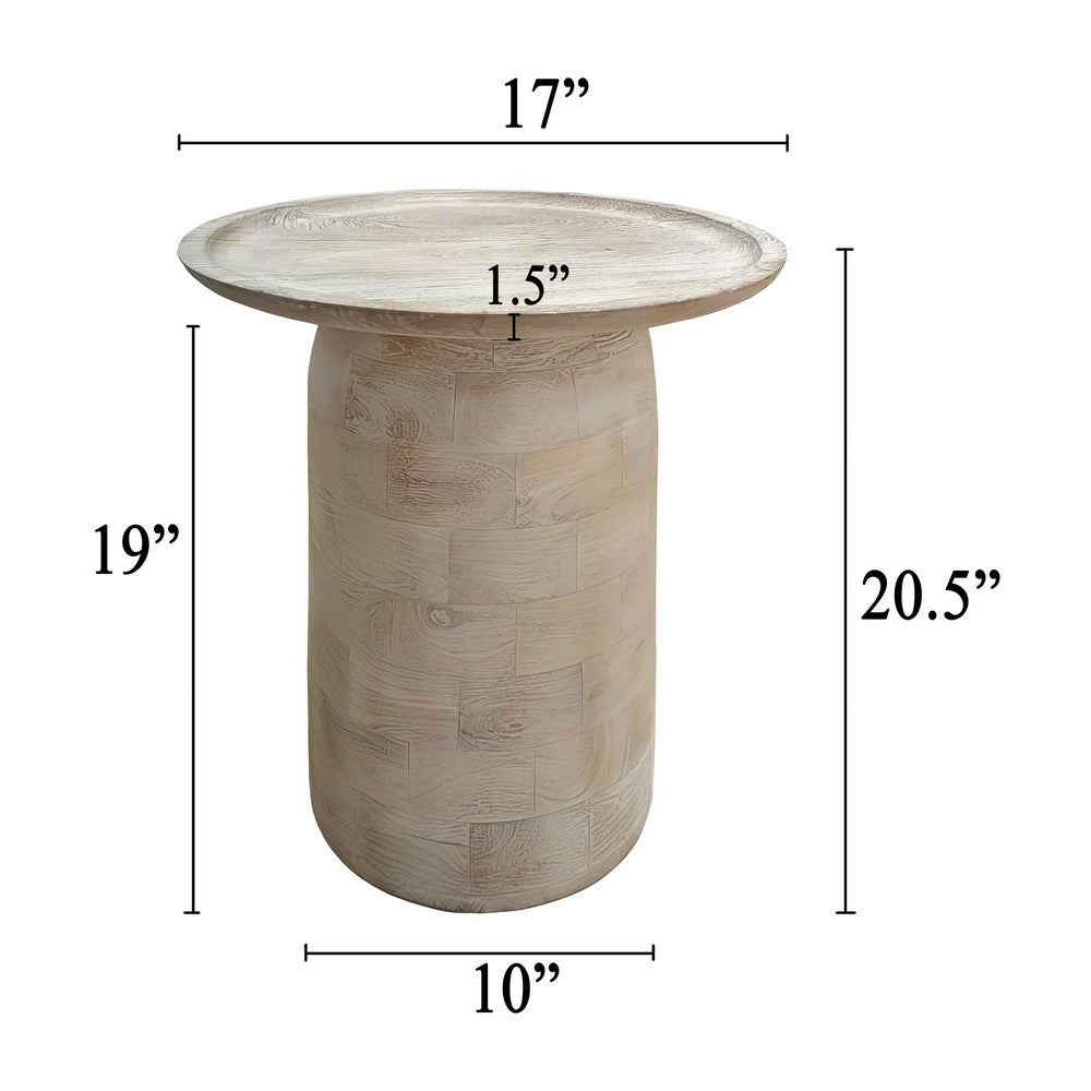 Oais Side End Table, Sandblasted Distressed White Mango Wood, 17 Inch Round Top