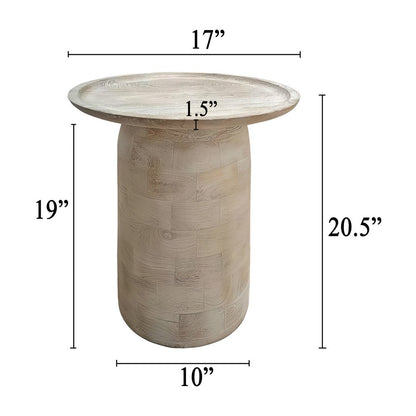 Oais Side End Table, Sandblasted Distressed White Mango Wood, 17 Inch Round Top