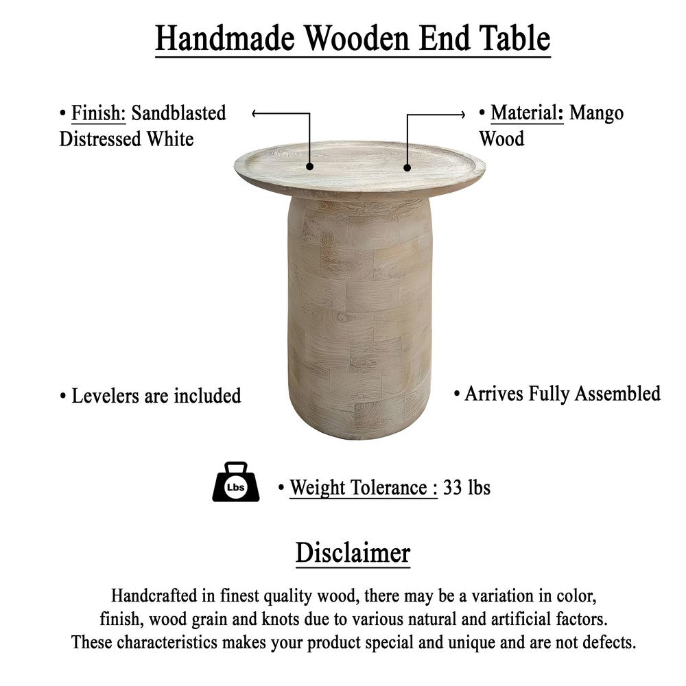 Oais Side End Table, Sandblasted Distressed White Mango Wood, 17 Inch Round Top