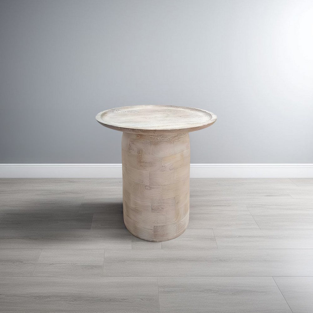 Oais Side End Table, Sandblasted Distressed White Mango Wood, 17 Inch Round Top