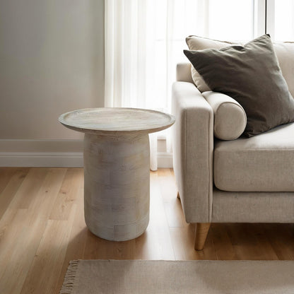 Oais Side End Table, Sandblasted Distressed White Mango Wood, 17 Inch Round Top