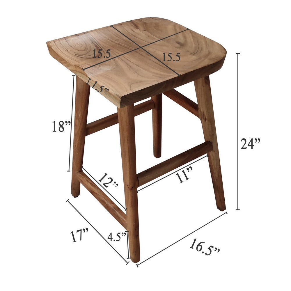 Tisa 24 Inch Backless Counter Height Stool, Handcrafted Saddle Seat in Natural Brown Acacia Wood