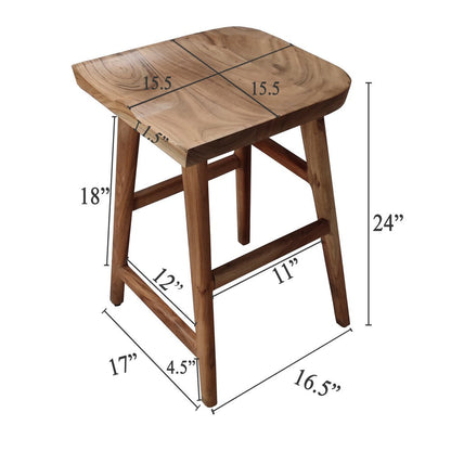 Tisa 24 Inch Backless Counter Height Stool, Handcrafted Saddle Seat in Natural Brown Acacia Wood