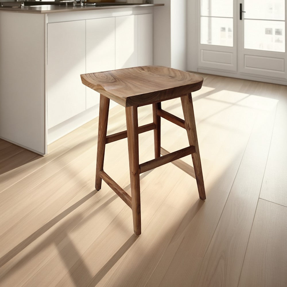 Tisa 24 Inch Backless Counter Height Stool, Handcrafted Saddle Seat in Natural Brown Acacia Wood