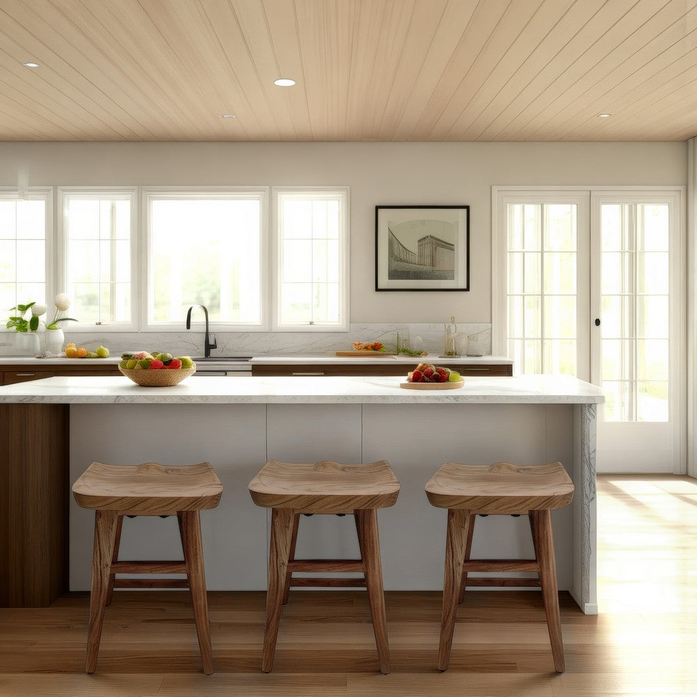 Tisa 24 Inch Backless Counter Height Stool, Handcrafted Saddle Seat in Natural Brown Acacia Wood