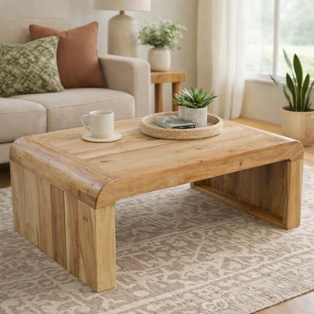 Cascade 36 Inch Coffee Table, Handcrafted Natural Acacia Wood, Rectangular Curved Waterfall Top