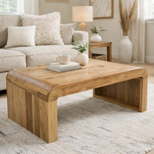 Cascade 36 Inch Coffee Table, Handcrafted Natural Acacia Wood, Rectangular Curved Waterfall Top