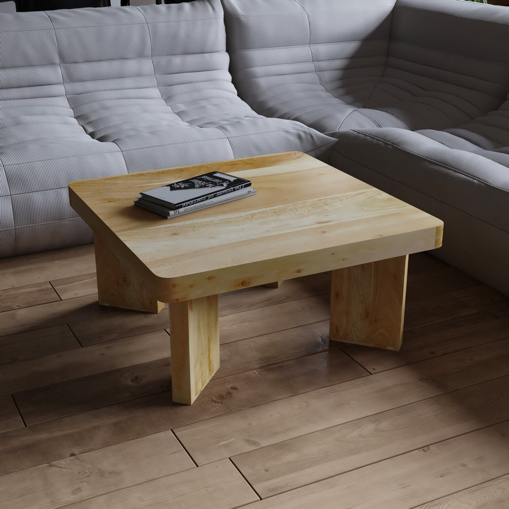 Cascade 32 Inch Coffee Table, Handcrafted Natural Acacia Wood, Square Top with Diagonal Wide Panel Legs