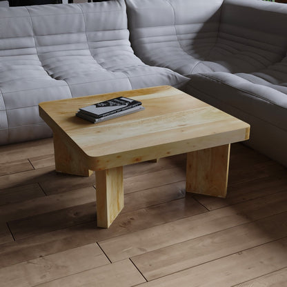 Cascade 32 Inch Coffee Table, Handcrafted Natural Acacia Wood, Square Top with Diagonal Wide Panel Legs