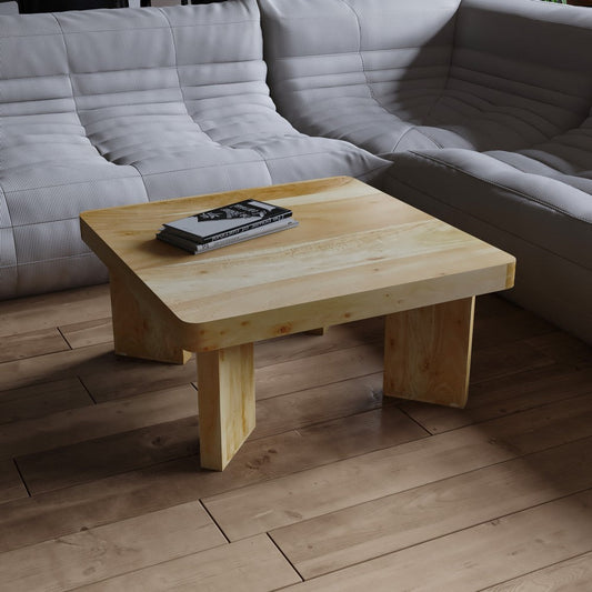 Cascade 32 Inch Coffee Table, Handcrafted Natural Acacia Wood, Square Top with Diagonal Wide Panel Legs