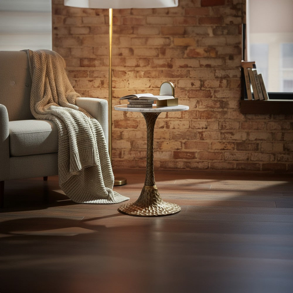 Tyler 20.5 Inch Accent Side Table, Round White Marble Top, Antique Brass Hammered Pedestal Base