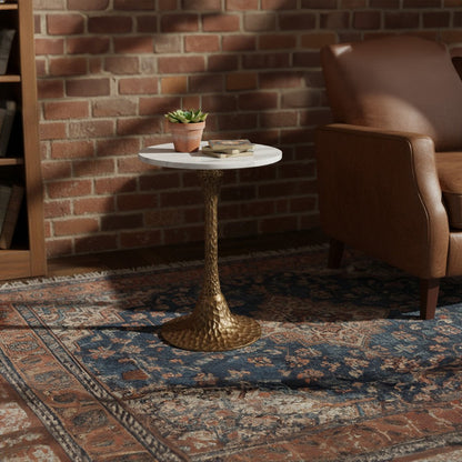 Tyler 20.5 Inch Accent Side Table, Round White Marble Top, Antique Brass Hammered Pedestal Base