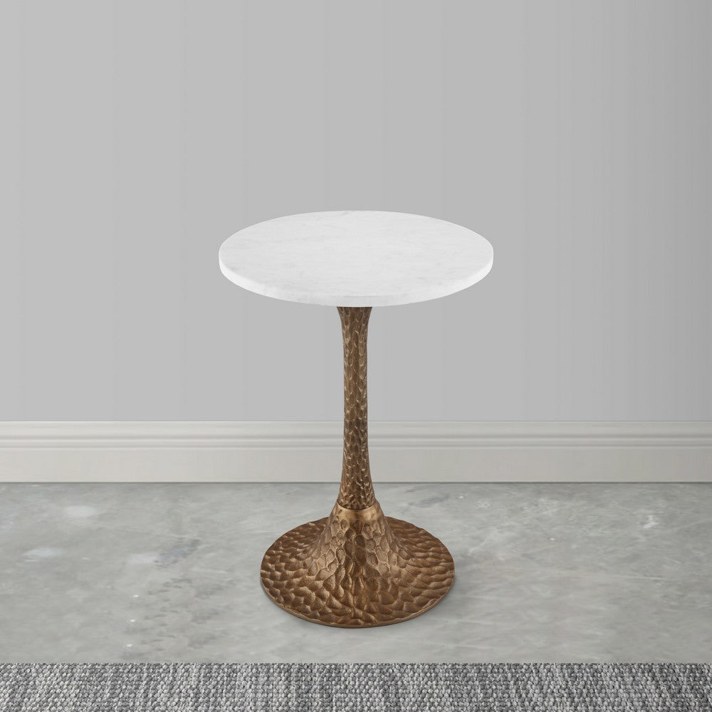 Tyler 20.5 Inch Accent Side Table, Round White Marble Top, Antique Brass Hammered Pedestal Base