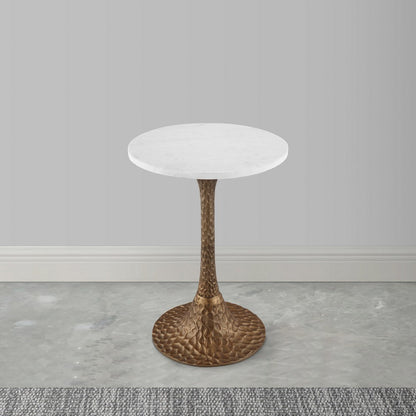 Tyler 20.5 Inch Accent Side Table, Round White Marble Top, Antique Brass Hammered Pedestal Base