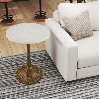 Tyler 20.5 Inch Accent Side Table, Round White Marble Top, Antique Brass Hammered Pedestal Base