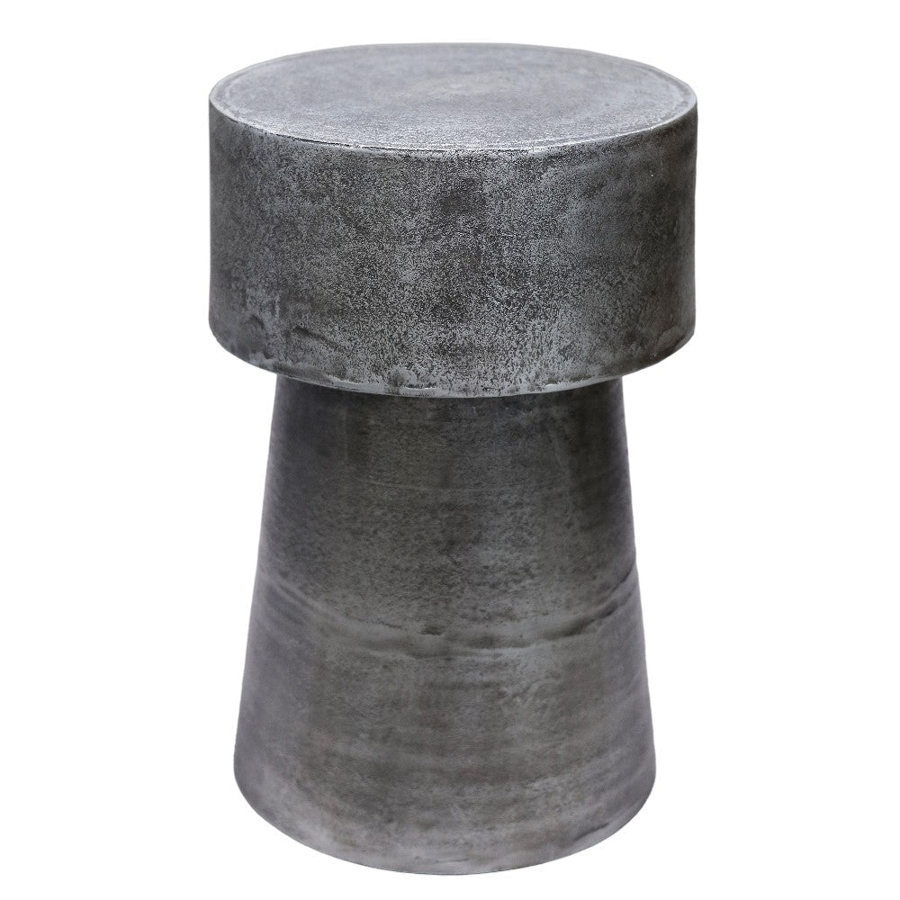 Vintage 23.6 Inch Accent Side Table, Round Top, Antique Silver Cast Aluminum Drum Base