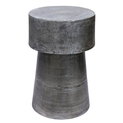Vintage 23.6 Inch Accent Side Table, Round Top, Antique Silver Cast Aluminum Drum Base